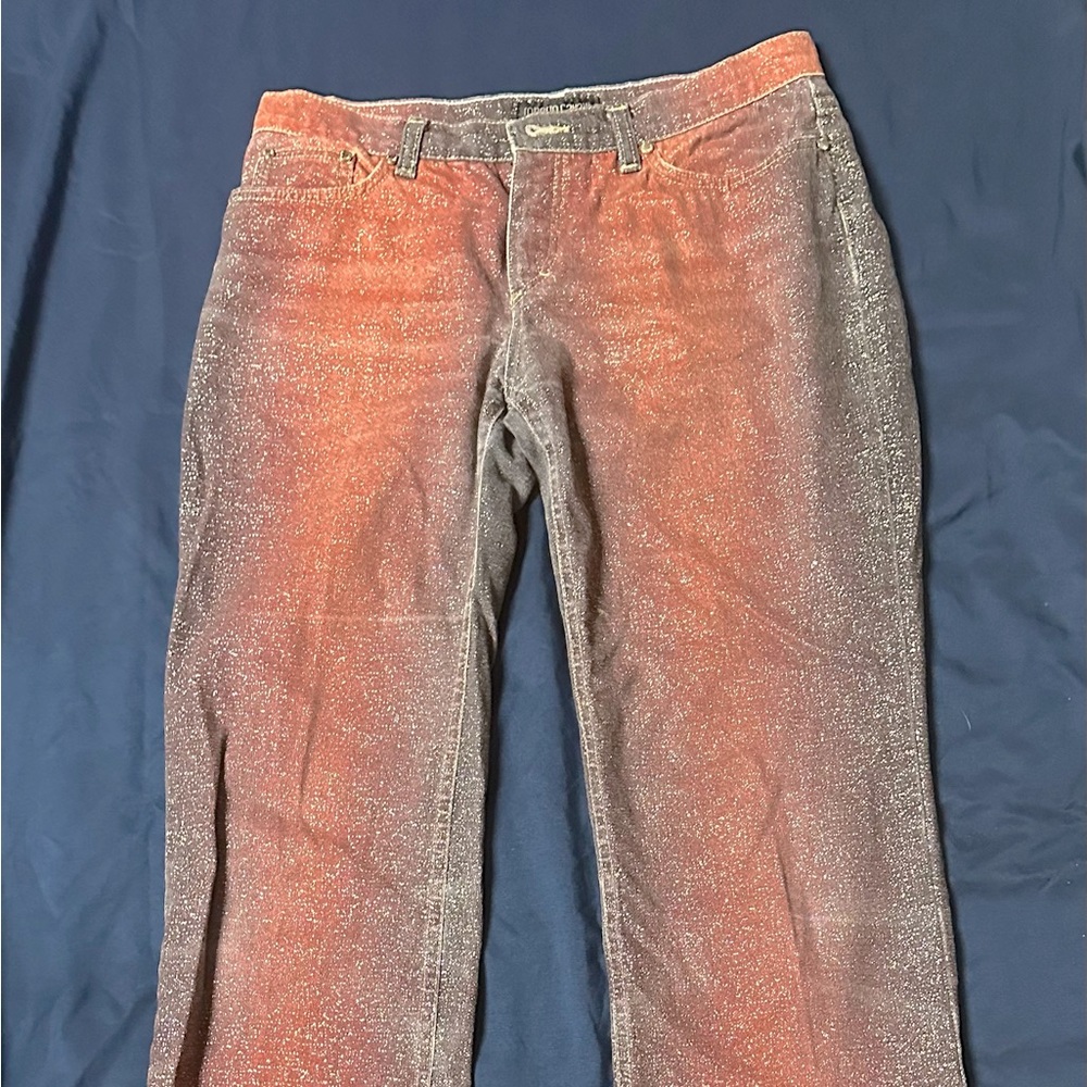 Roberto Cavalli denim pants, rust and wine ombre with sparkles